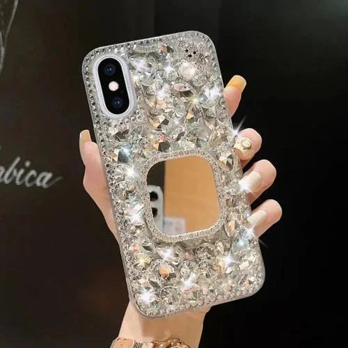 Funda para Teléfono iPhone Xs Max Mirror Hecha a Mano con Diamantes de Imitación para PC (Cuadrado Gris Plateado)