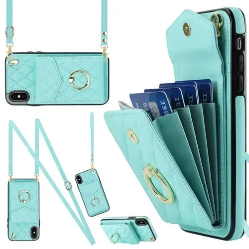 Funda para Teléfono iPhone Xs Max Rhombic Texture Card Bag con Cordón Largo (Verde Menta)
