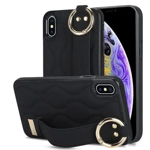 Funda para Teléfono iPhone Xs / X Antideslizante Pu con Anillo y Muñequera (Negro)