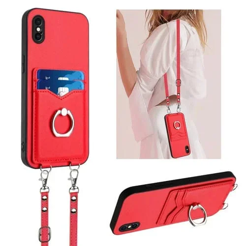 Funda para Teléfono iPhone Xs X R20 con Soporte para Tarjeta y Anillo de Cuerda Cruzada (Rojo)