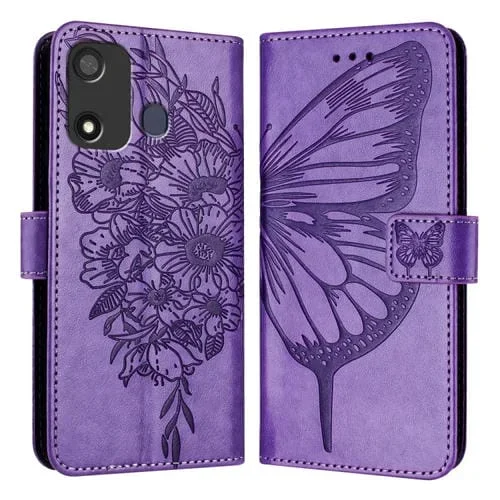 Funda para Teléfono Itel P17 / A27 Cuero con Mariposa en Relieve (Púrpura Claro)