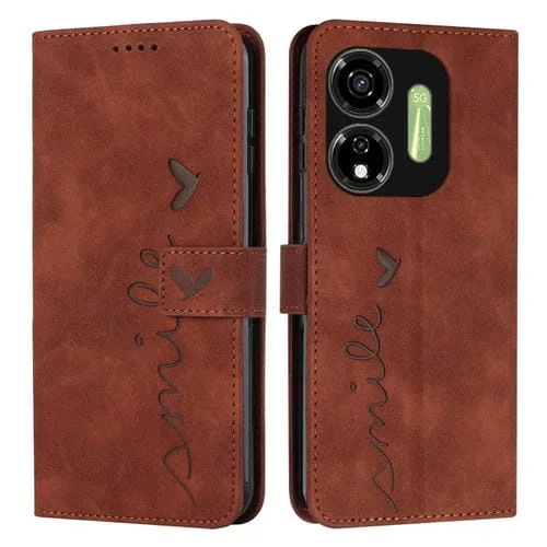 Funda para Teléfono Itel P55 5G Skin Feel Heart de Cuero en Relieve con Cordón Largo (Marrón)