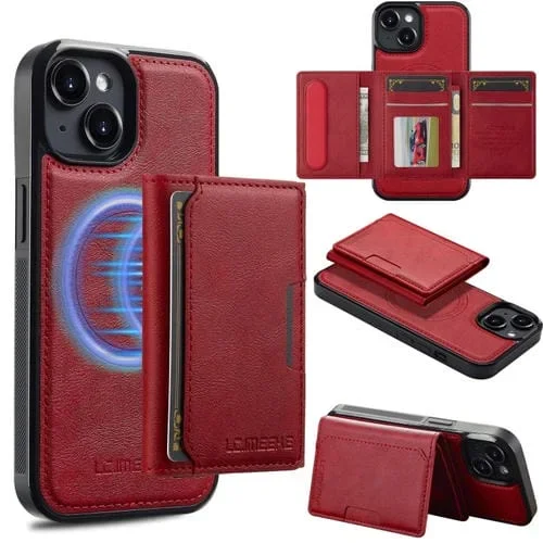 Funda para Teléfono Lc.Imeeke Serie L5 para iPhone 15 con Funda Tarjeta Rfid Desmontable Magsafe (Roja)