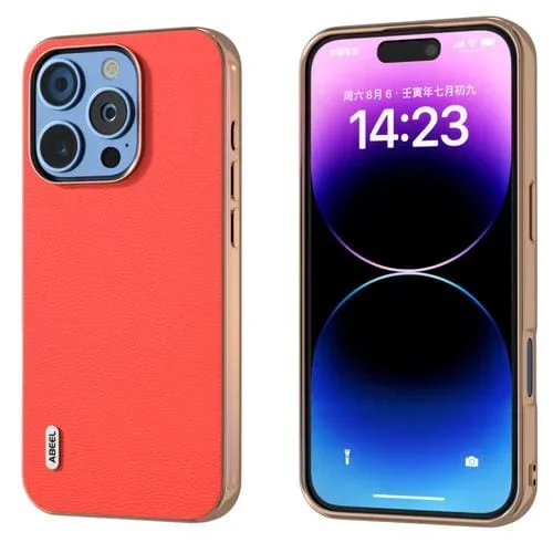 Funda para teléfono Luolai Abeel iPhone 16 Pro Cuero Genuino Marco Galvanizado (Rojo)