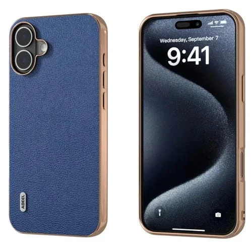 Funda para Teléfono Luolai Cuero Genuino Marco Galvanizado Abeel iPhone 16 Plus (Azul Oscuro)