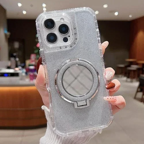 Funda para Teléfono Magsafe con Soporte Espejo y Purpurina iPhone 12 Pro Max (Plateada)