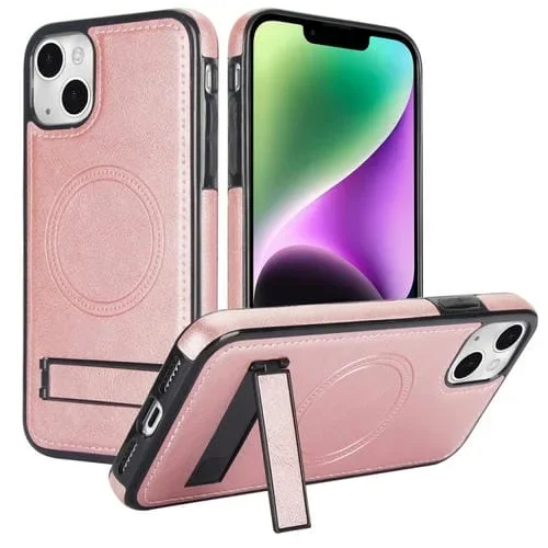 Funda para Teléfono Magsafe iPhone 13 con Soporte Invisible de Cuero Retro (Oro Rosa)
