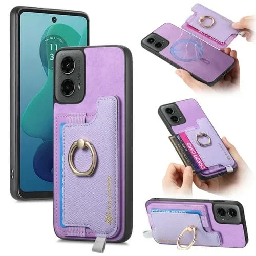 Funda para Teléfono Motorola Moto G 5G 2024 con Tarjetero, Anillo de Cuero y Diseño Retro (Morado)