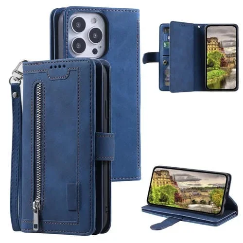 Funda para teléfono Nine Card Zipper Bag para iPhone 15 Pro Cuero con Cordón (Azul)