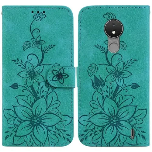 Funda para Teléfono Nokia C21 Lily de Cuero en Relieve (Verde)