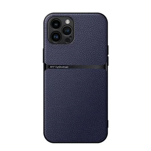 Funda para Teléfono Piel de Lichi iPhone 12 Pro Tapa Magnética a Prueba de Golpes (Azul Marino)