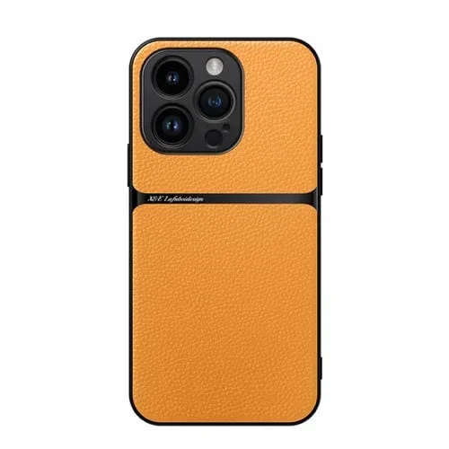 Funda para Teléfono Piel de Lichi iPhone 15 Pro Tapa Magnética Cobertura Total (Amarilla)