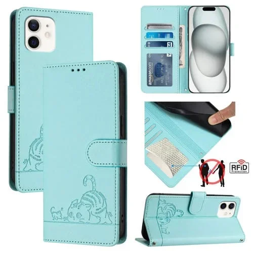 Funda para Teléfono PU con Patrón En Relieve de Gato y Rata RFID para iPhone 12 Pro/12 con Correa para la Muñeca (Verde Menta)