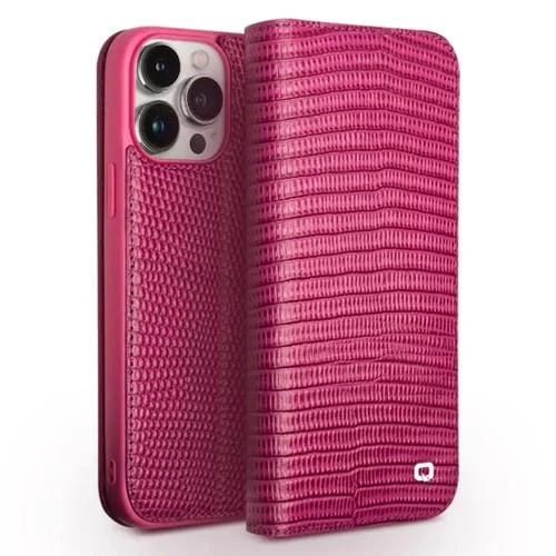 Funda para Teléfono Qialino iPhone 15 Pro Cuero Genuino Textura Cocodrilo (Rojo Rosa)