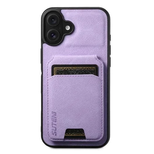 Funda para Teléfono Suteni H02 con Tarjetero de Cuero Lichi para iPhone 16 Plus (Morado)