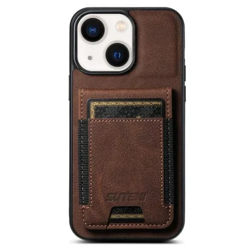 Funda para Teléfono Suteni H03 para iPhone 13 con Soporte para Tarjeta Cuero Litchi (Marrón)