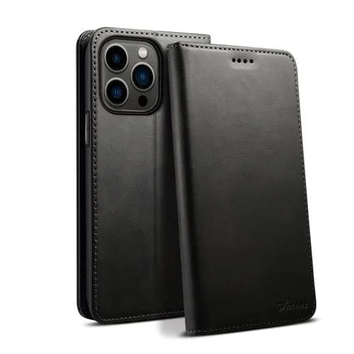 Funda para Teléfono Suteni iPhone 15 Pro Max Cuero con Tapa Horizontal Textura de Becerro (Negro)