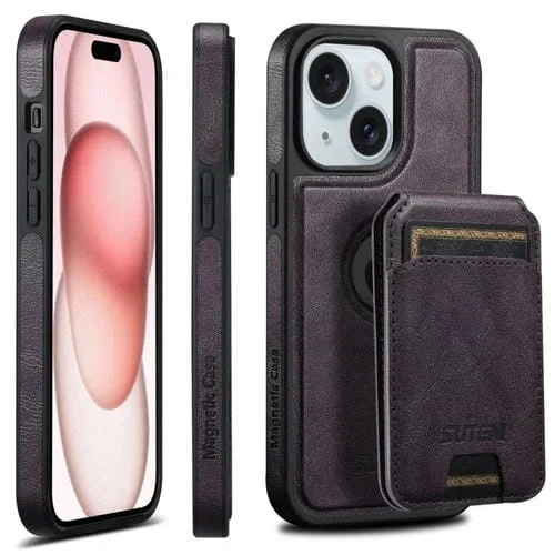 Funda para Teléfono Suteni M1 Oil Wax Magsafe para iPhone 15 Plus con Bolsa para Tarjeta Horizontal (Púrpura)