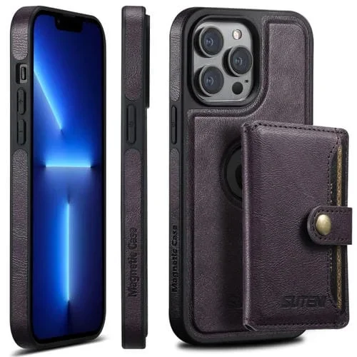 Funda para Teléfono Suteni M1 para iPhone 13 Pro con Magsafe y Bolsa para Tarjeta Horizontal Desmontable (Púrpura)