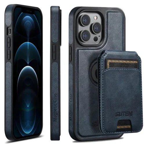 Funda para Teléfono Suteni M2 Oil Wax Magsafe para iPhone 12 Pro Max con Bolsa para Tarjeta Horizontal (Azul)