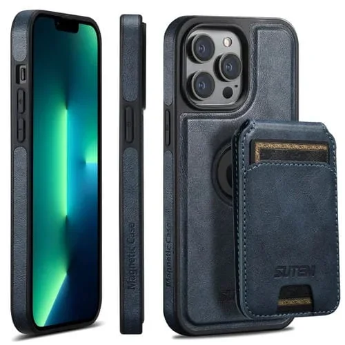 Funda para Teléfono Suteni M2 Oil Wax Magsafe para iPhone 13 Pro Max con Bolsa para Tarjeta Horizontal (Azul)