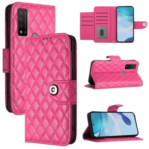 Funda para Teléfono TCL 20 R 5G Cuero con Tapa Textura Romboidal y Cordón (Rojo Rosa)