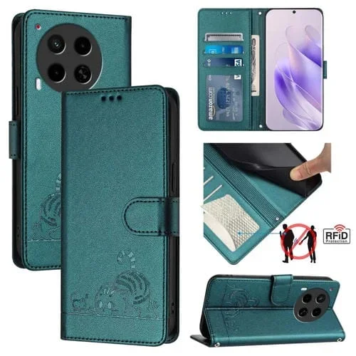 Funda para Teléfono Tecno Camon 30 4G Cat Rat Cuero Rfid con Patrón En Relieve y Cordón (Verde Pavo Real)