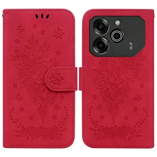 Funda para Teléfono Tecno Pova 6 y Pova 6 Pro Cuero con Relieve Mariposa y Rosa (Rojo)
