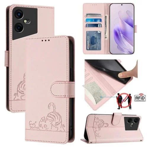 Funda para Teléfono Tecno Pova Neo 3 Cuero Rfid con Patrón En Relieve y Cordón (Rosa)