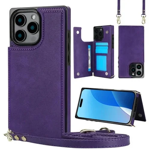 Funda para Teléfono Tipo Billetera iPhone 16 Pro Max con Tapa Hebilla Doble Cuadrada Diseño Cruzado (Morado)