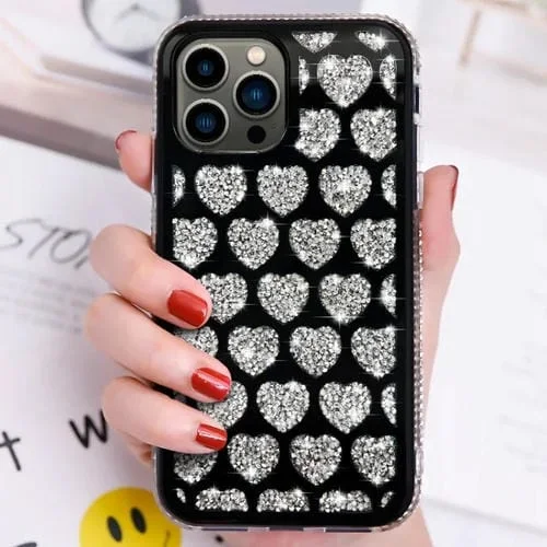 Funda para Teléfono TPU Apple iPhone 15 Pro Max Love Hearts Diamond Mirror (Negro)