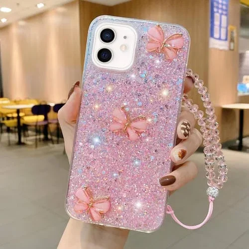 Funda para Teléfono TPU Epoxi iPhone 11 con Mariposa de Jade y Lentejuelas Estrelladas con Correa (Rosa)