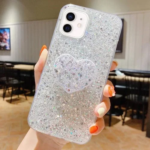 Funda para Teléfono TPU Epoxi iPhone 11 con Soporte Corazón Lentejuelas Estrelladas (Plateado)