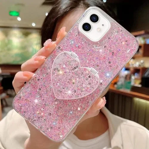 Funda para Teléfono TPU Epoxi iPhone 11 con Soporte Espejo Lentejuelas Estrelladas (Rosa)