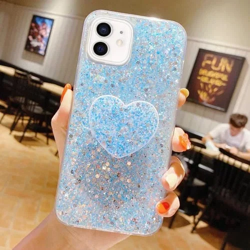 Funda para Teléfono TPU Epoxi iPhone 12 con Soporte Corazón y Lentejuelas Estrelladas (Azul)