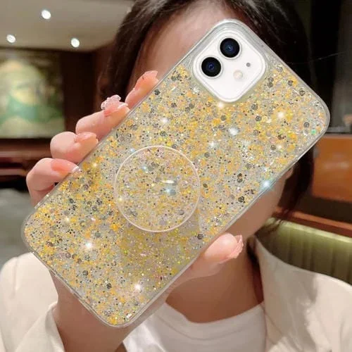 Funda para Teléfono TPU Epoxi iPhone 12 Mini con Soporte Redondo y Lentejuelas Estrelladas (Amarillo)