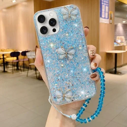 Funda para teléfono TPU Epoxi iPhone 13 Pro Mariposa de Jade Lentejuelas Estrelladas con Correa (Azul)
