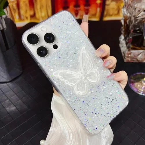 Funda para Teléfono TPU Epoxi iPhone 13 Pro Max Mariposa Bordada Lentejuelas Estrelladas (Plateado)