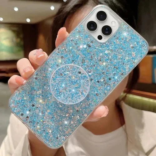 Funda para Teléfono TPU Epoxi iPhone 13 Pro Max Soporte Redondo Lentejuelas Estrelladas (Azul)