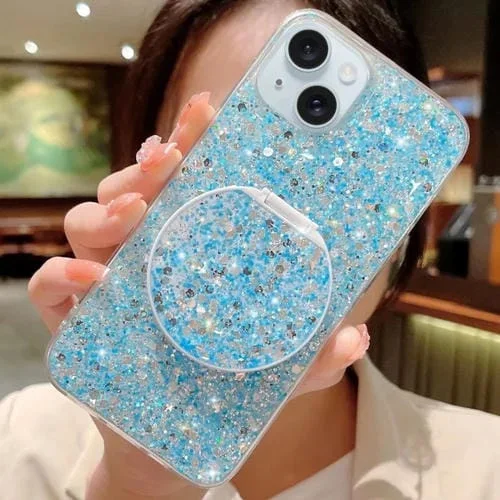 Funda para Teléfono TPU Epoxi iPhone 13 Soporte Espejo Redondo Lentejuelas Estrelladas (Azul)