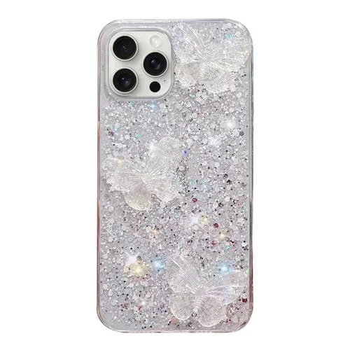Funda para Teléfono TPU Epoxi iPhone 14 Pro Max con Mariposas de Cristal y Lentejuelas Estrelladas (Plateado)