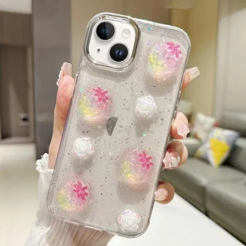 Funda para Teléfono TPU Epoxi iPhone 14 Purpurina Floral 3D (Fresa Rosa)