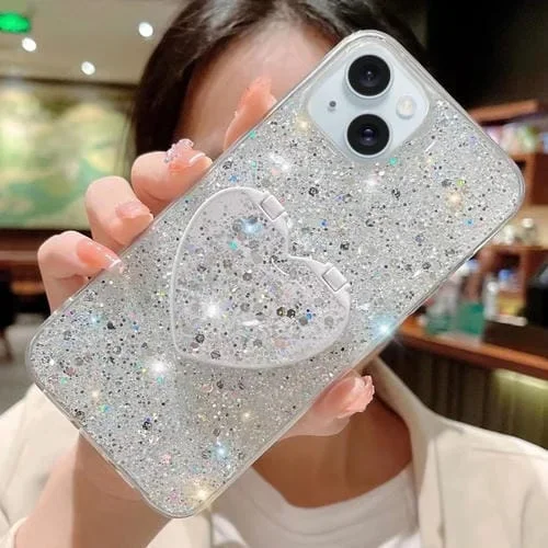 Funda para Teléfono TPU Epoxi iPhone 15 con Soporte Espejo Lentejuelas Estrelladas (Plateado)