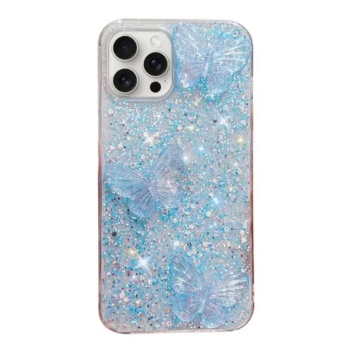 Funda para Teléfono TPU Epoxi iPhone 15 Pro Max Mariposas de Cristal y Lentejuelas Estrelladas (Azul)