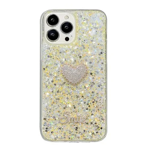 Funda para Teléfono TPU Epoxi para iPhone 14 Pro Max con Corazón de Diamante y Lentejuelas Estrelladas (Amarillo)