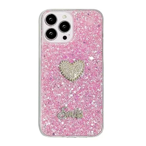 Funda para Teléfono TPU Epoxi para iPhone 15 Pro con Corazón de Diamante y Lentejuelas Estrelladas (Rosa)