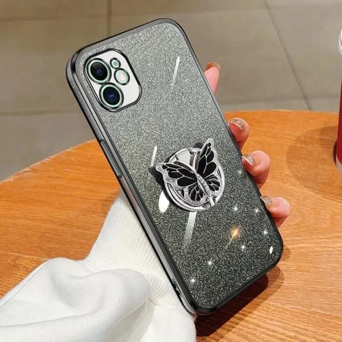 Funda para Teléfono TPU iPhone 11 Soporte Mariposa Brillo Degradado (Negro)