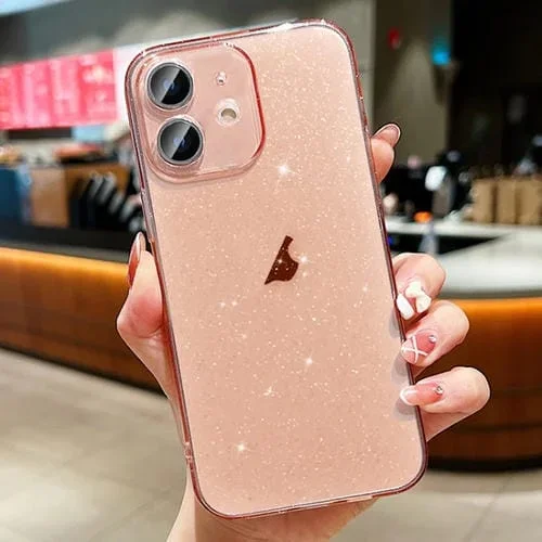 Funda para Teléfono TPU iPhone 12 con Purpurina en Polvo (Rosa Transparente)
