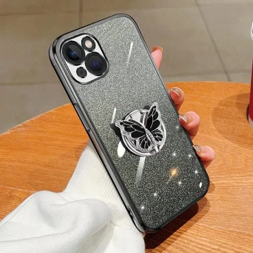 Funda para Teléfono TPU iPhone 13 Mini Soporte Mariposa Brillo Degradado (Negro)