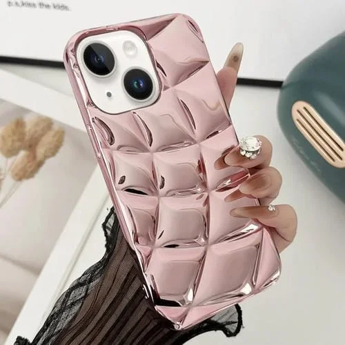 Funda para Teléfono TPU iPhone 13 Pintura Metálica Chapada en Cuadros Curvos (Rosa)